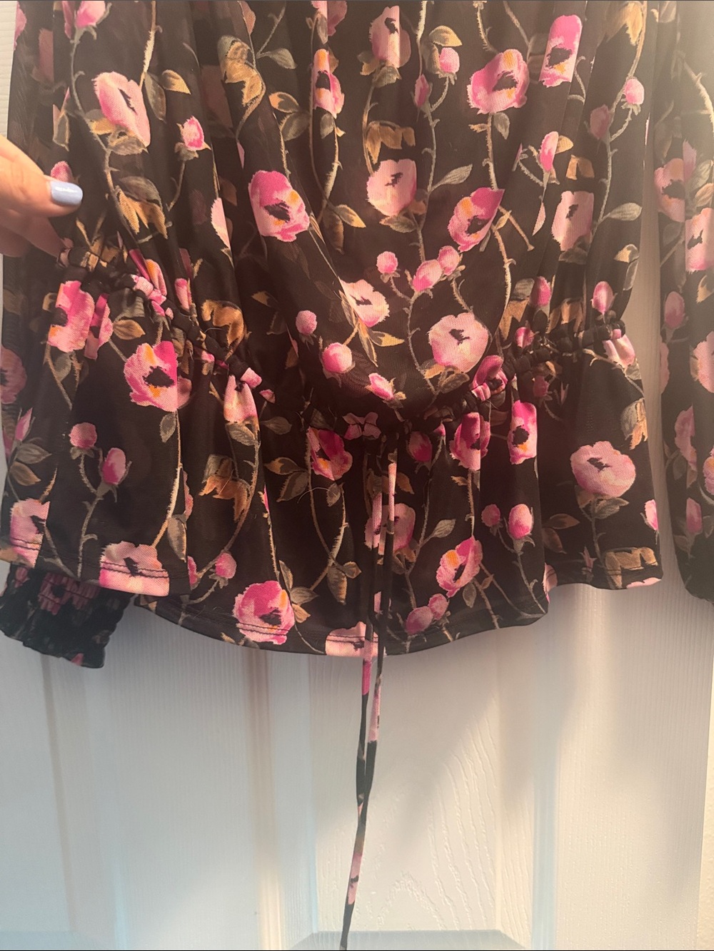 White House Black Market Black Off-Shoulder Floral Blouse with Pink Blooms - Picture 4 of 5